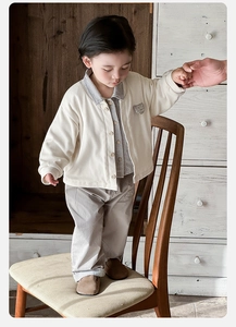 Toddler three-piece set with plaid shirt, knit cardigan and casual grey trousers