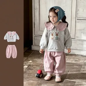 Tenue Quotidienne de Printemps Décontractée de Style Coréen pour Bébé Fille Avec Sweat-shirt en Mélange de Coton Imprimé Lapin et Pantalon Rose