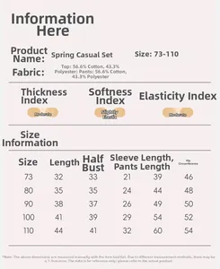 Size chart for girls spring casual set showing measurements from sizes 73 to 110 in detail