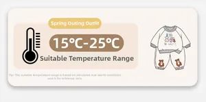 Toddler cartoon spring outfit details with 15°C to 25°C temperature guide and bear patches