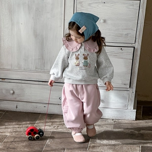 Survêtement fille de style coréen avec sweat à motif lapin gris et pantalon rose doux