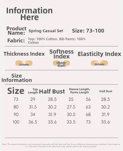 Detailed size chart for kids spring cotton shirt and overall set from size 73 to 100