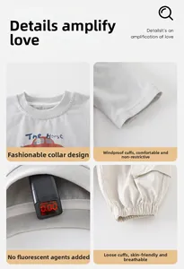 Detail view of cotton baby set showing non-fluorescent fabric on cuffs and neckline