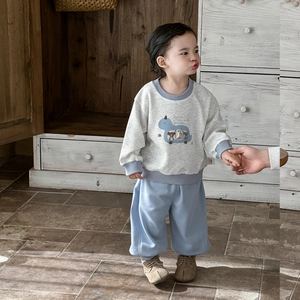 Set bambino felpa grigia con dinosauro bus e pantaloni larghi blu casual