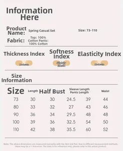Size chart for 100% cotton baby boy spring suit showing shirt and pants dimensions