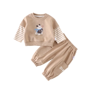 Toddler boy sweatshirt and jogger set featuring a cartoon bear print in khaki color