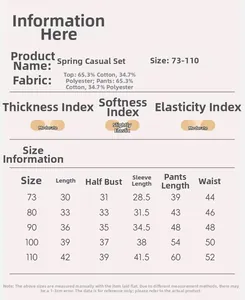 Size chart for baby boy tracksuit showing detailed fabric content and clothing measurements