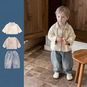 Ensemble de Vêtements Décontractés pour Garçons Veste en Coton à Carreaux T-Shirt à Manches Longues et Pantalon en Denim