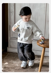 Detail of baby boys casual gray sweatshirt and joggers set with pocket embroidery