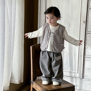 Three-piece boy clothing set with bear print tee, plaid vest and loose grey pants