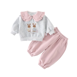 Ensemble de printemps mignon pour bébés filles avec col Claudine et pantalon rose