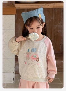 Detail of toddler sweatshirt with cute animal print and raglan color-block sleeves