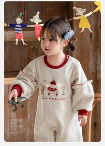 Close-up of baby girl long sleeve romper with cute cartoon dog embroidery and red rib cuffs