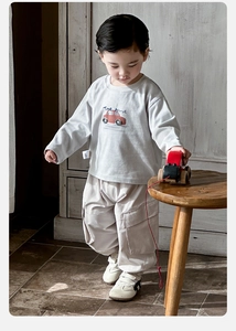 Close-up of baby boy outfit showing grey long sleeve tee with car print and cargo pants