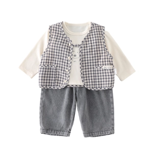 Three-piece boy clothing set with cream long sleeve tee, plaid vest and gray pants