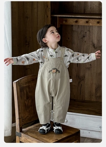 Close-up of boys cartoon bear and car embroidery on beige overalls with a printed shirt