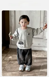 Detail of baby boys cotton sweatshirt with 3D cartoon car embroidery and casual pants