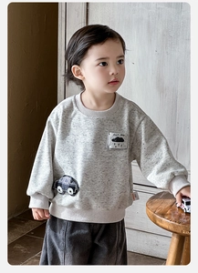 Toddler boy grey sweatshirt set with cartoon car patch and knit pants in minimalist room