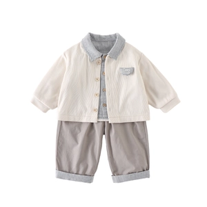 Three-piece baby boy clothing set featuring beige jacket, plaid shirt and grey pants