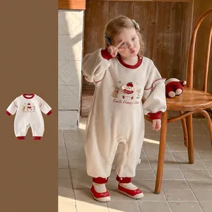 Infant Toddler Girl Long Sleeve Romper Cartoon Rabbit Embroidery Contrast Ruffle Jumpsuit Soft Polyester Jumpsuit Outfit