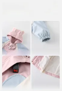 Detail view of toddler windbreaker featuring rabbit ear hood and windproof cuffs