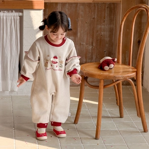 Infant girl cartoon romper in oatmeal with red ribbed trim and cute animal embroidery