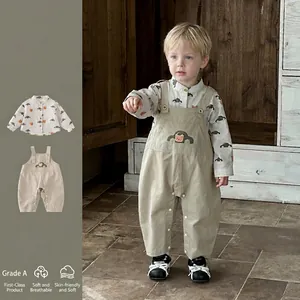 Toddler Boy Korean Cotton Outfit Cartoon Car Printed Long Sleeve Shirt And Khaki Suspender Pants Two Piece Clothing Set