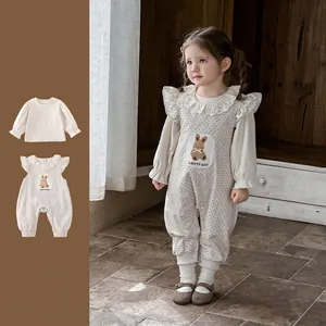 Ensemble Barboteuse Beige à Pois pour Bébé Fille Style Coréen Écusson Lapin Col en Dentelle Chemise Manches Longues Tenues