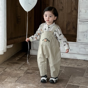 Kids long sleeve printed shirt with khaki bear pocket overalls two-piece fashion set
