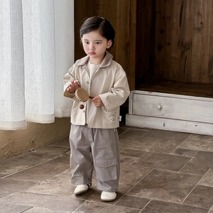 Toddler boys casual three-piece outfit with beige jacket and grey cargo pants