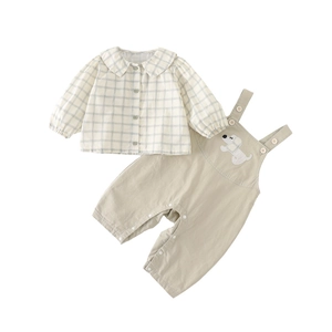 Ensemble chemise à carreaux et salopette kaki pour garçon avec broderie de chiot