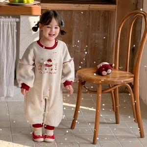Infant girl cartoon romper in cream white with red ribbing and embroidery