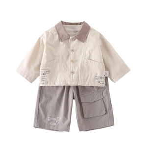 Toddler boys long sleeve beige shirt and brown cargo shorts stylish two-piece cotton set