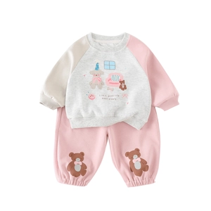 Toddler girls spring cotton sweatshirt and pants set with bear prints and soft pink accents