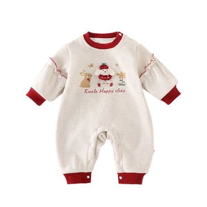 Infant girl long sleeve cartoon romper in cream with red ribbed cuffs and animal embroidery