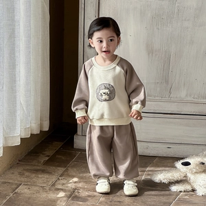 Toddler boys Korean style tracksuit set with contrast color sweatshirt and joggers