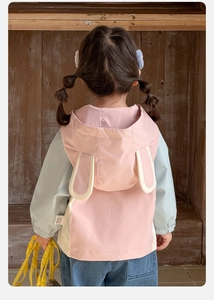 Detail view of pink and blue hooded jacket with cute rabbit ears on the back for girls