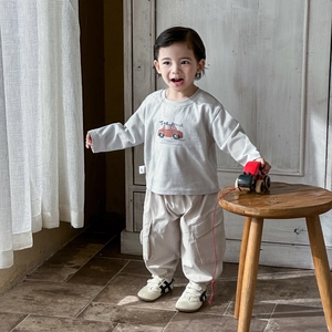 Baby boy spring outfit with light grey cartoon long sleeve tee and beige cargo pants