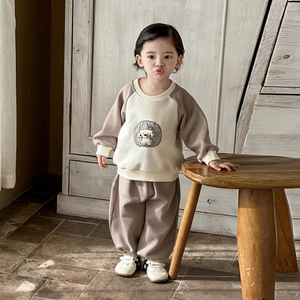 Infant boy's two-piece cream and brown tracksuit with cute dog embroidery patch