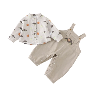 Infant boys cartoon car print shirt and khaki overall trousers two-piece cotton set