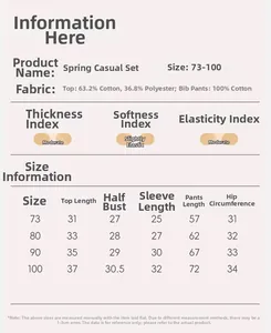 Detailed size chart and fabric composition for baby boy cartoon shirt and overalls set