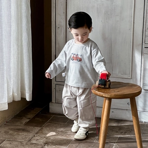 Toddler boys casual spring set with cartoon long sleeve tee and beige cargo trousers