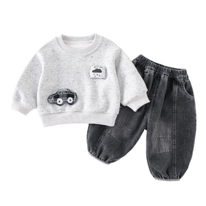 Toddler boys' spring tracksuit featuring a car embroidery sweatshirt and dark grey joggers