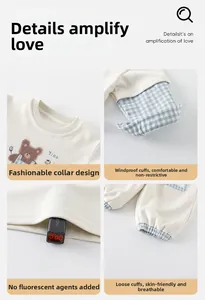 Detailed views of baby sweatshirt showing ribbed cuffs, neckline and non-fluorescent fabric