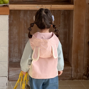 Girls' hooded windbreaker jacket with colorful patchwork and cute rabbit ear design