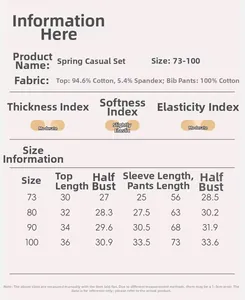 Size chart for girls cotton spring outfit showing material specs and measurements
