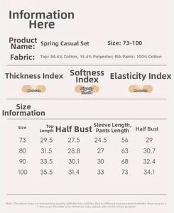 Size chart showing fabric composition and detailed measurements for infant casual spring set