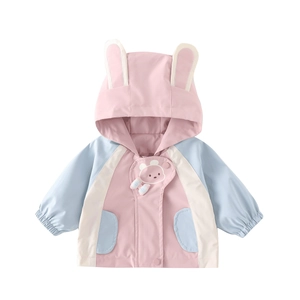 Pink and blue color-block girls' hooded windbreaker jacket with cute bunny ears on hood