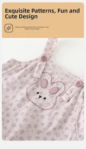 Close-up of pink floral baby romper with cute rabbit embroidery and safe non-fluorescent fabric