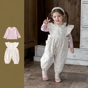 Baby Girl Floral Overalls Two-Piece Set Pink Long Sleeve Top And Flower Print Jumpsuit For Toddler Infant Spring Clothes
